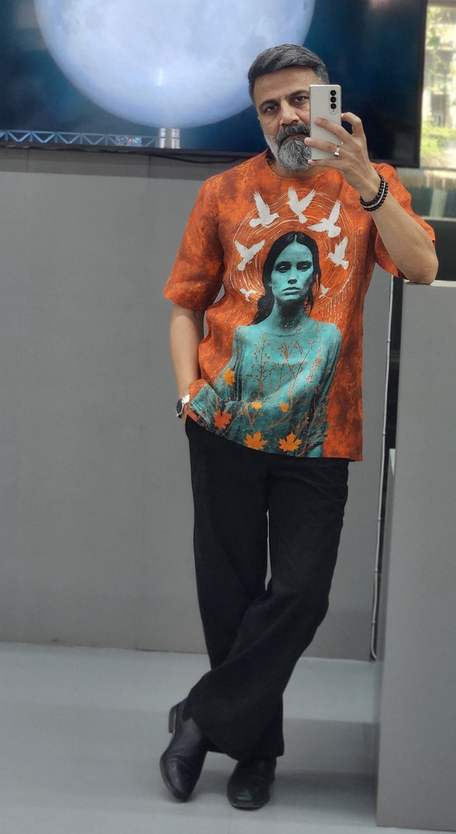 Rust & Teal Mystical Portrait Pure Linen T-Shirt style Shirt