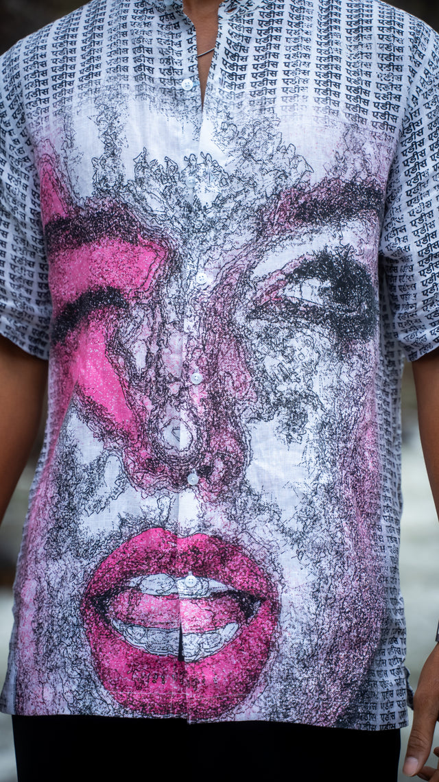 Pink Inscription Stylish Printed Pure Linen Short Sleeve Shirt - AddysForMen®