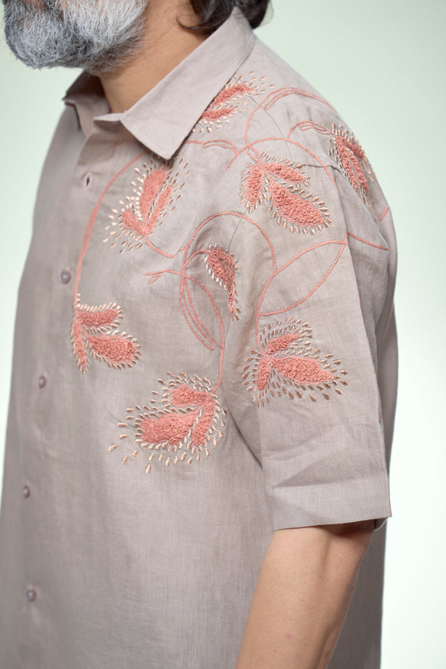 Coastal Artisan : 5-Hour Hand Embroidered Pure Linen Half Sleeve Shirt - AddysForMen®️