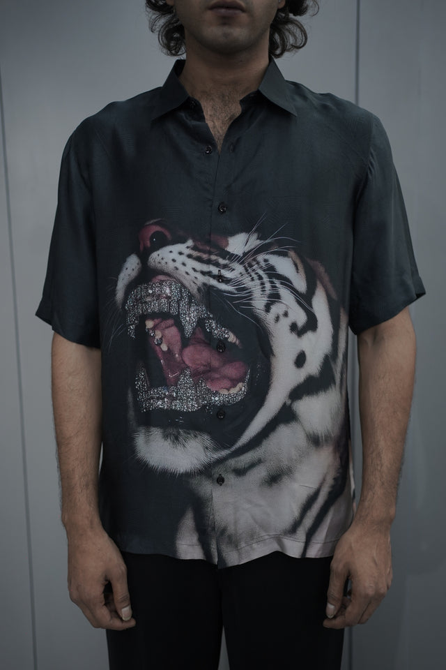The Apex Luster: Tiger Digital Print Pure Bemberg Satin Short Sleeve Shirt - AddysForMen®️