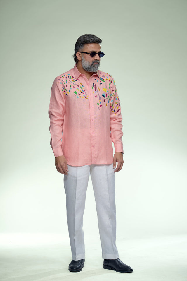 Corner Masterpiece : 9-Hour Front & Back Corner Hand Embroidered Pure Linen Full Sleeve Shirt - AddysForMen®️