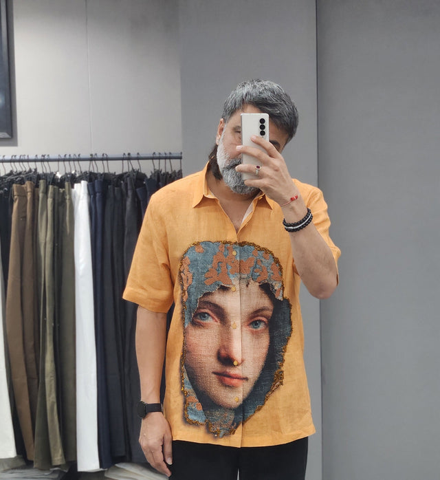 Ochre Renaissance Portrait Hand Khatli Pure Linen Shirt