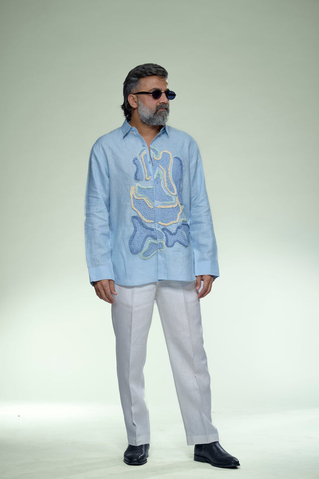 Meridian Edge : 9-Hour Hand-Embroidered Pure Linen Full Sleeve Shirt - AddysForMen®️