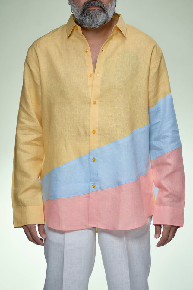Modern Tricolour Block Pure Linen Designer Shirt - AddysForMen®