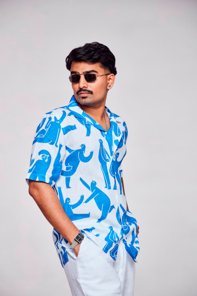 Symbolic Depths Printed Shirt- Featuring an Enigmatic Figure - Pure Linen Cuban Coller Shirt
