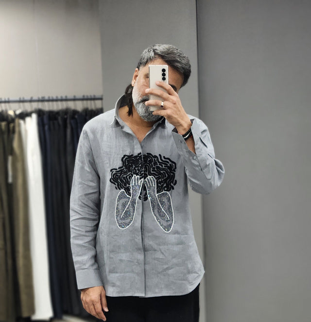 Ash Grey Linen Shirt with Raised Cord & Sequin Artwork