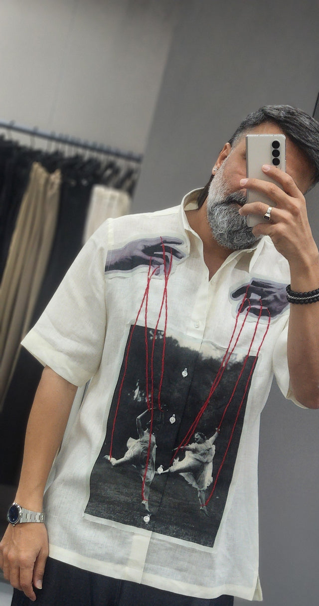 Off-White Graphic Patchwork Linen Shirt with Red Thread Embroidery