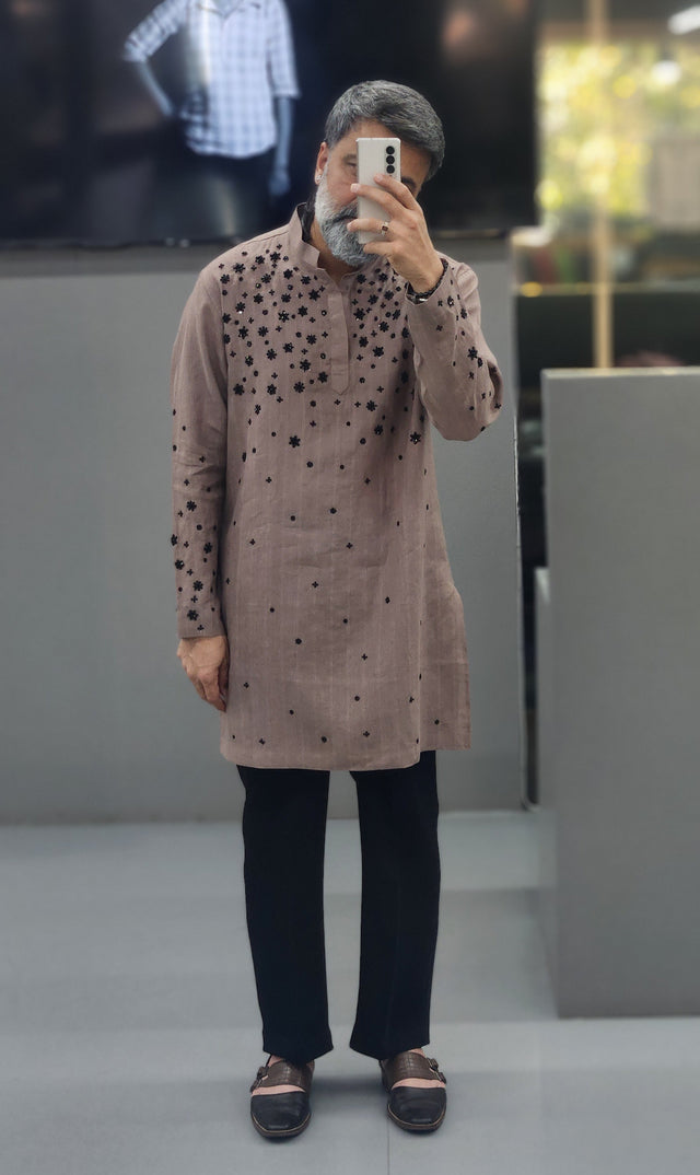 Taupe Brown Pure Linen Long Kurta with Black Sequins & Hand Khatli Work