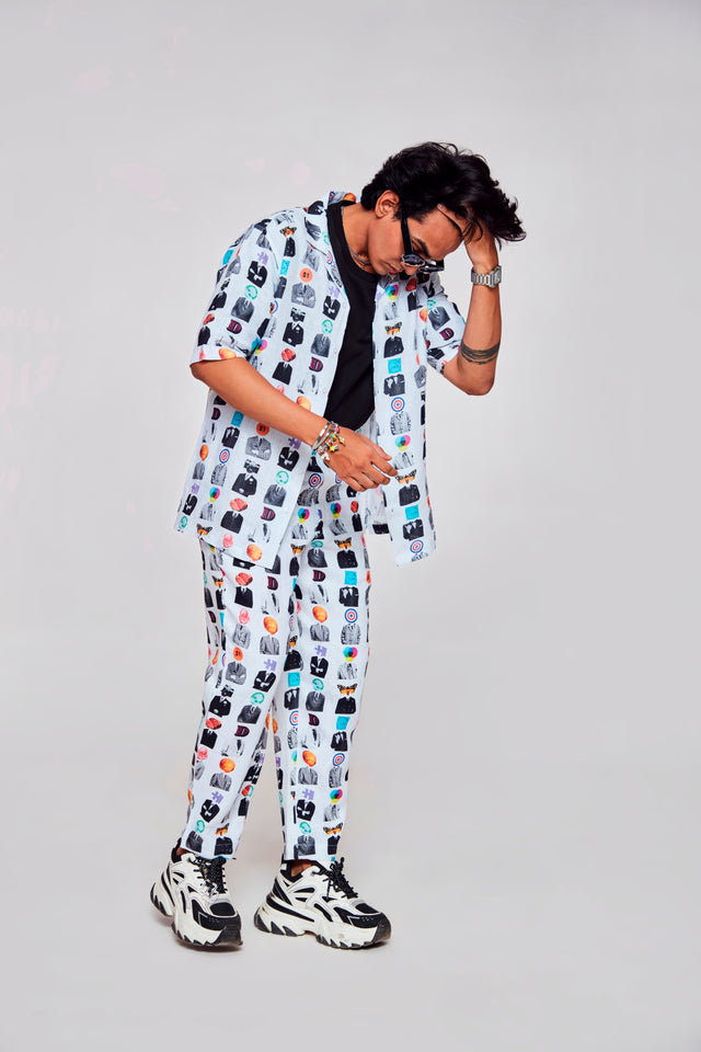 Artistic Mosaic Printed Shirt Pure Linen Cuban Coller Shirt