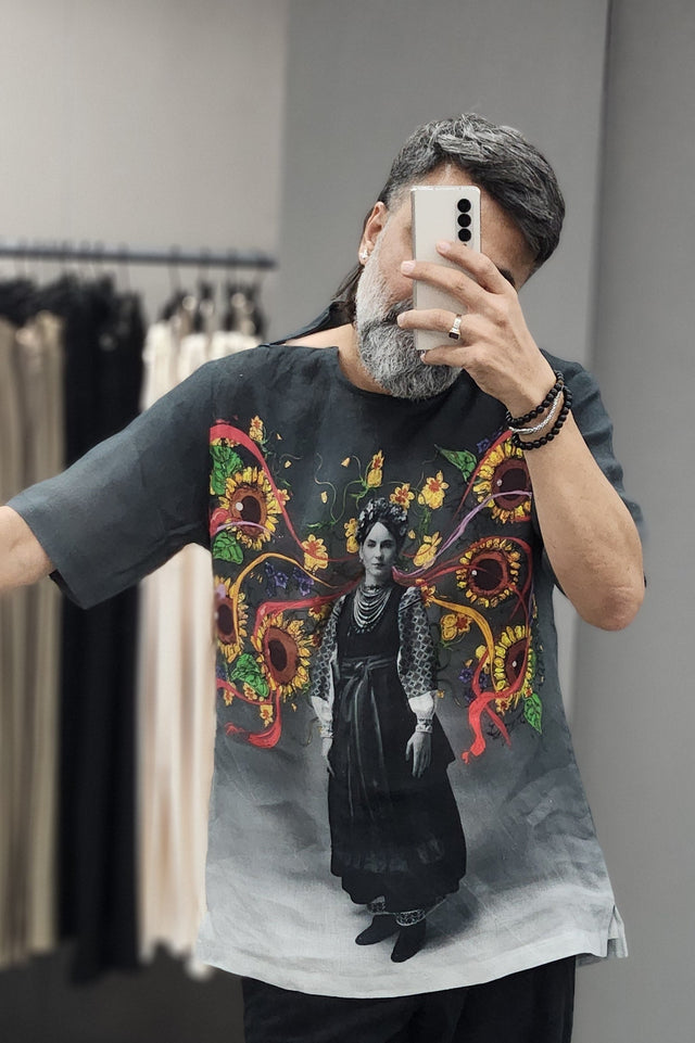 Charcoal Botanical Portrait Linen T-Shirt style Shirt
