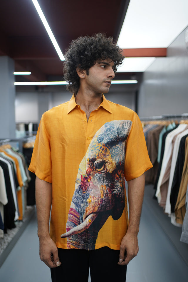 The Royal Tusk: Elephant Digital Print Pure Bemberg Satin Short Sleeve Shirt - AddysForMen®️