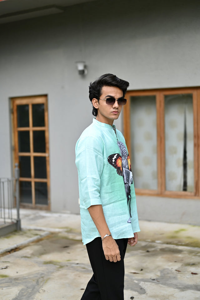 "Majestic Wings : Embodied Grace in Butterfly - Adorned 3/4 Sleeve Kurta Style Shirt"