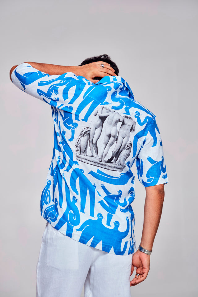 Symbolic Depths Printed Shirt- Featuring an Enigmatic Figure - Pure Linen Cuban Coller Shirt