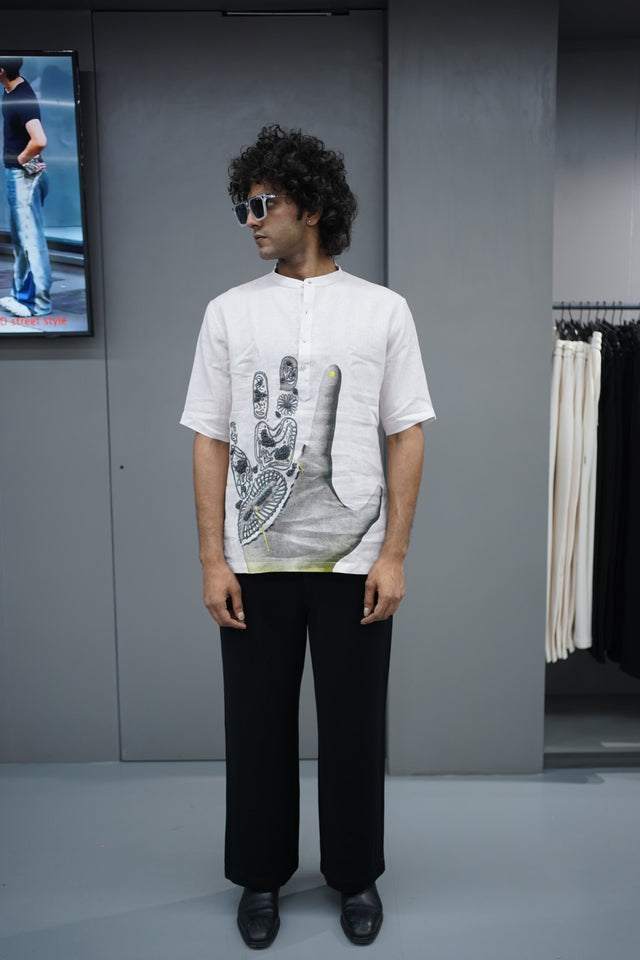 The Midnight Flora: Hand-Embroidered with Digital Print Pure Linen Kurta Style Shirt - AddysForMen®️