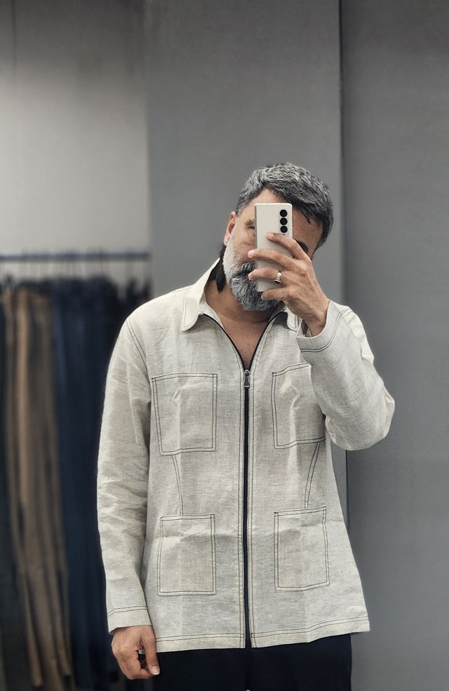 Natural Oatmeal Four-Pocket Zippered Linen Shacket Shirt