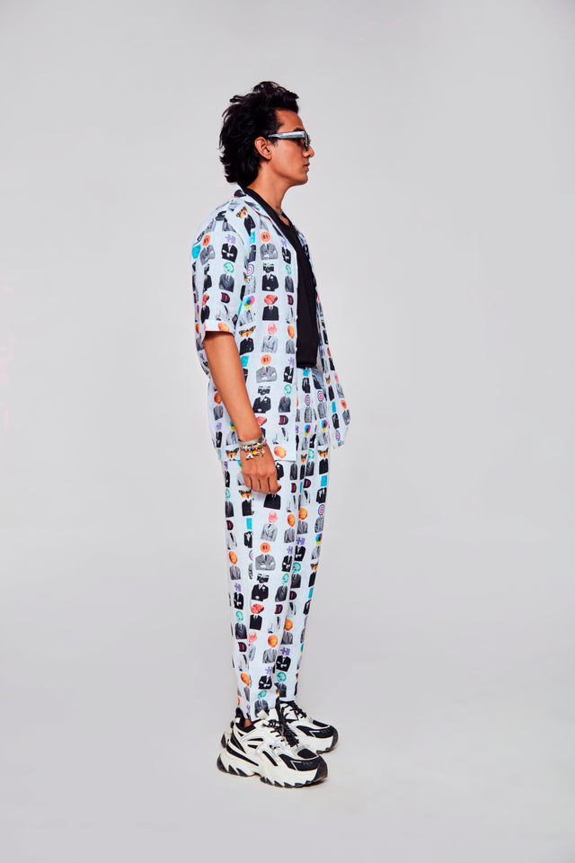 Artistic Mosaic Printed Shirt Pure Linen Cuban Coller Shirt