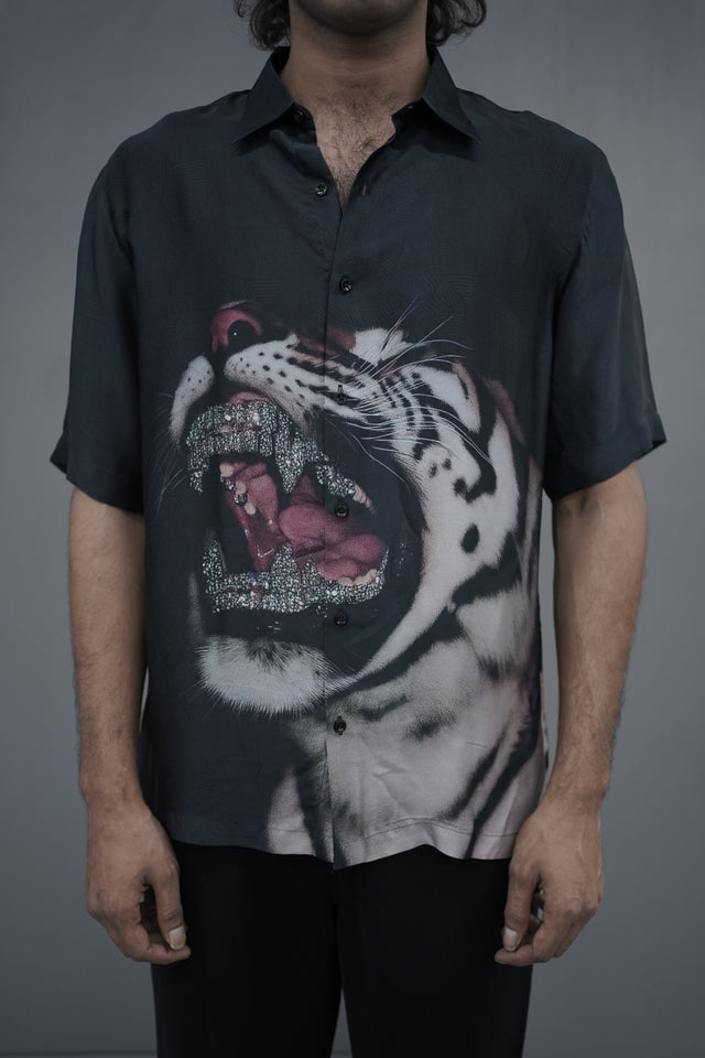 The Apex Luster: Tiger Digital Print Pure Bemberg Satin Short Sleeve Shirt - AddysForMen®️