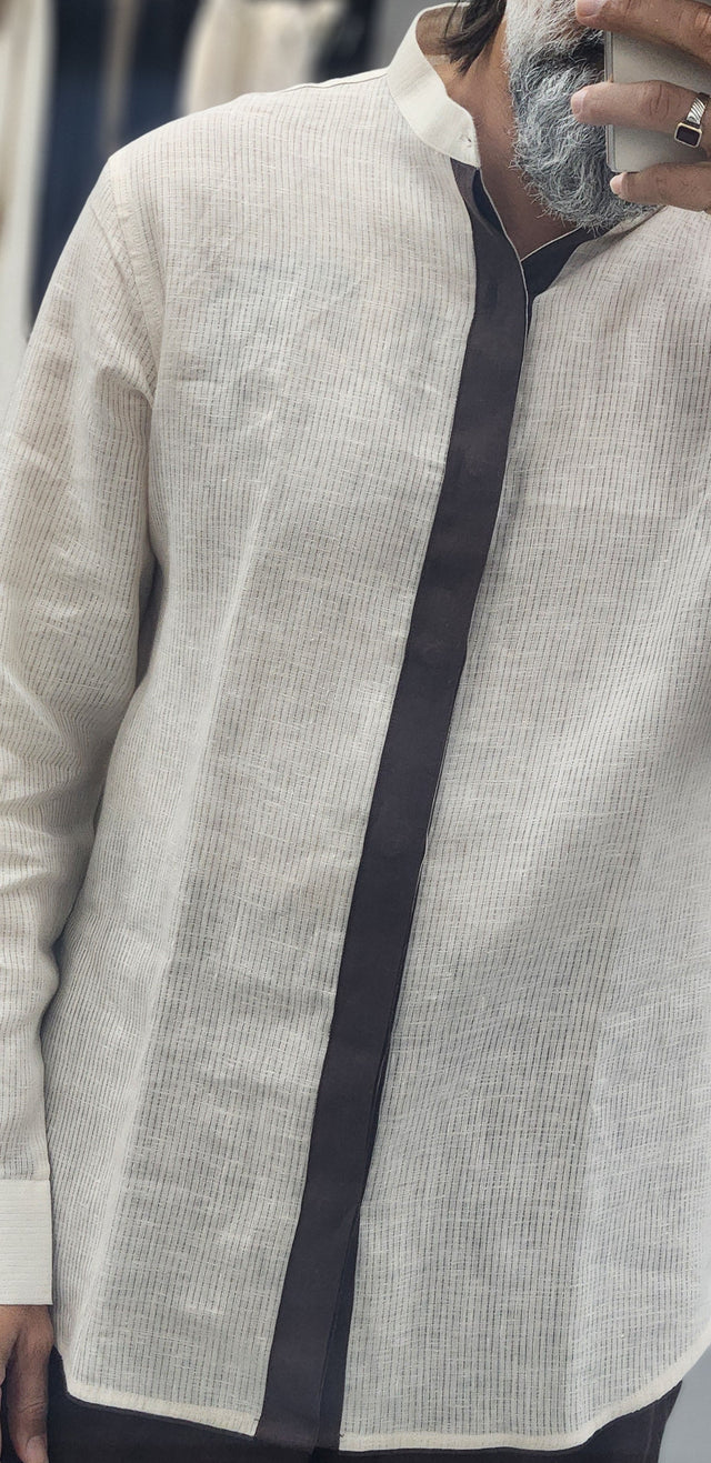 Beige Textured with Contrast Dark Placket Pure Linen Shirt