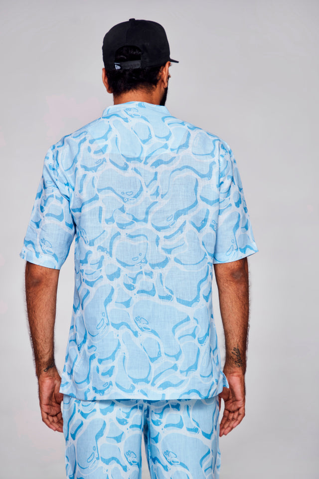 Serene Elegance : Fusion of Blue and White - Pure Linen Short Sleeve Kurta