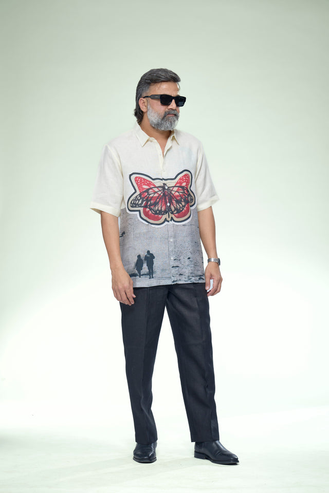Artisan Monarch Digital Print Patchwork Pure Linen Designer Short Sleeve Shirt - AddysForMen®