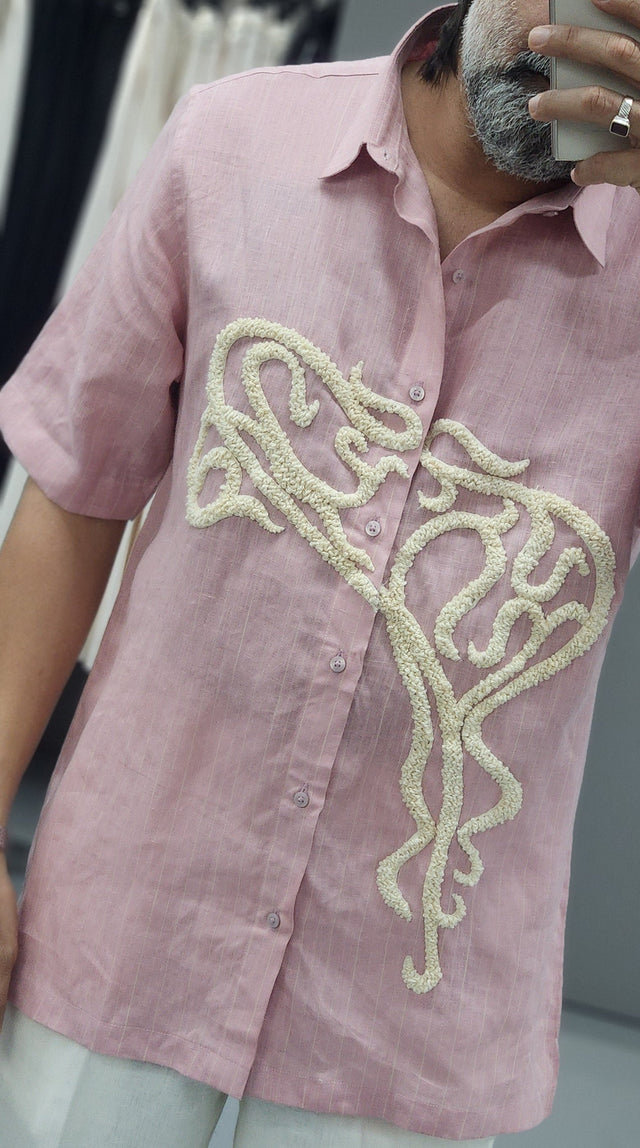 Blush Pink Abstract Cord Embroidered Pure Linen Shirt
