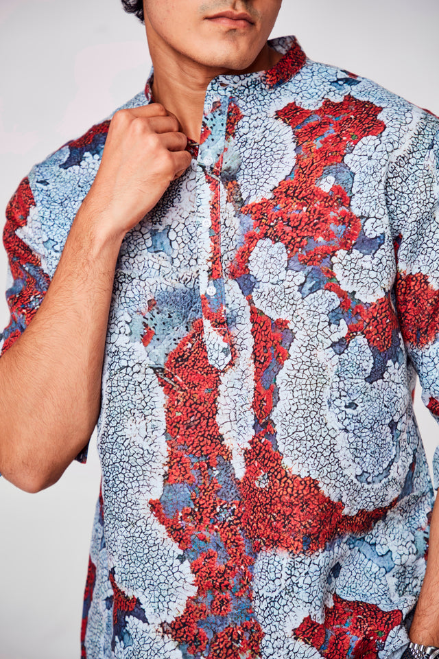 Dreamscape Reverie : Ethernal Imagery Weaves Magic - 3/4 Sleeve Pure Linen Kurta Style Shirt