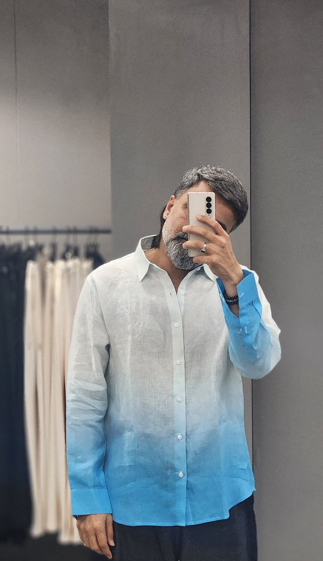 Azure Sky Ombré Digital Print Pure Linen Shirt