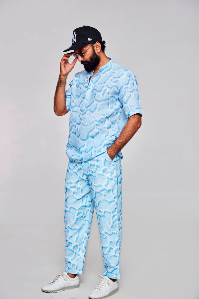 Serene Elegance : Fusion of Blue and White - Pure Linen Short Sleeve Kurta