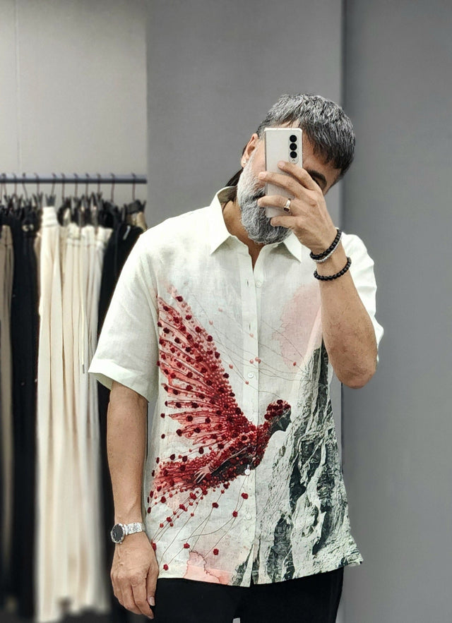 Crimson Phoenix Hand-Knotted Pure Linen Shirt
