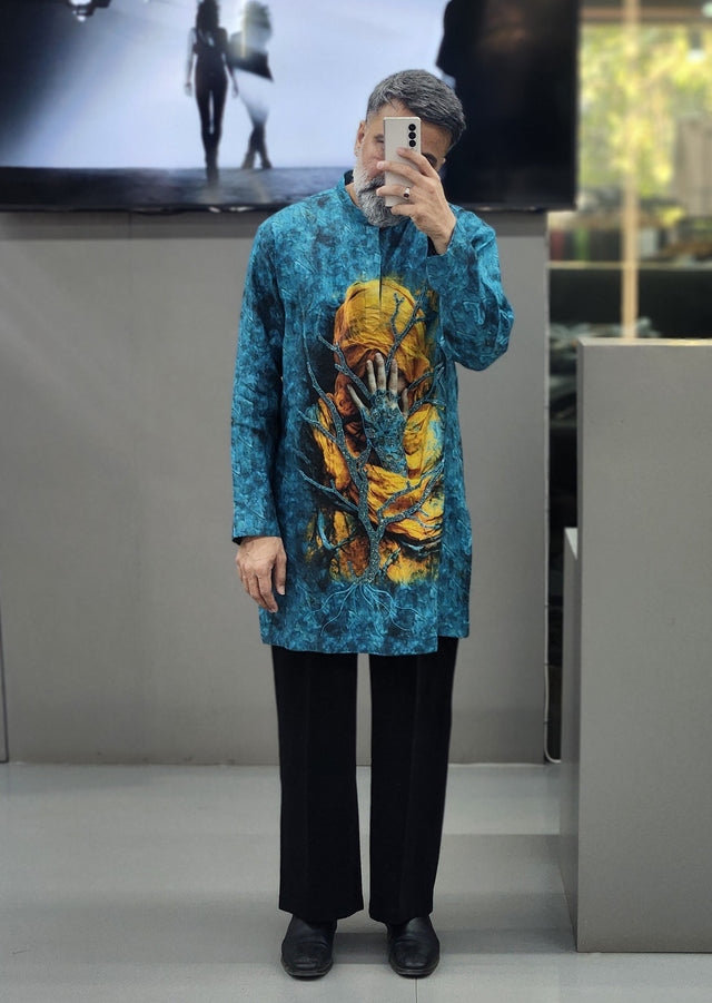 Ocean Blue Pure Linen Long Kurta with Surrealist Graphic Digital Print & Hand Khatli Work