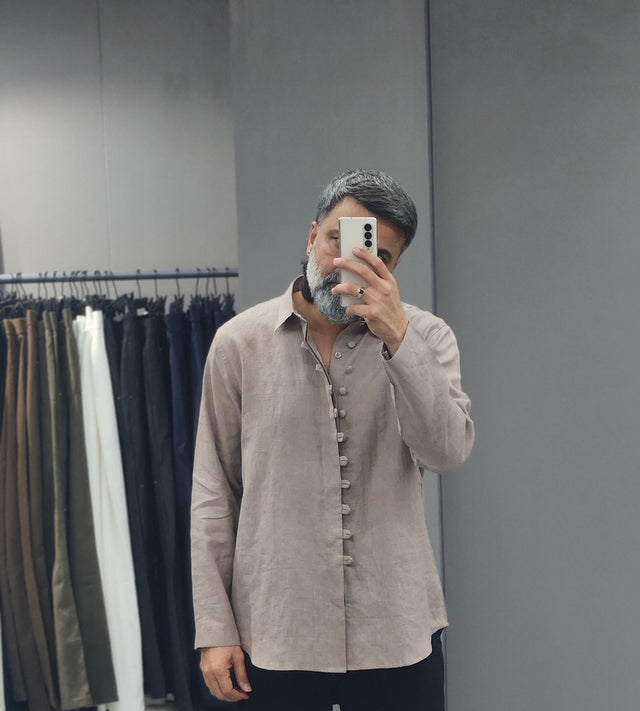 Sandstone Loop-Button Pure Linen Shirt