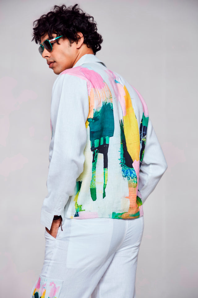 Floral Fusion : Pure Linen Crop Length Jacket