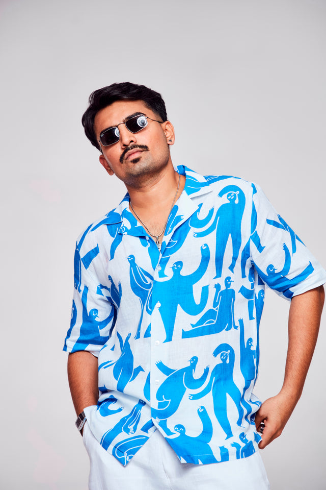 Symbolic Depths Printed Shirt- Featuring an Enigmatic Figure - Pure Linen Cuban Coller Shirt