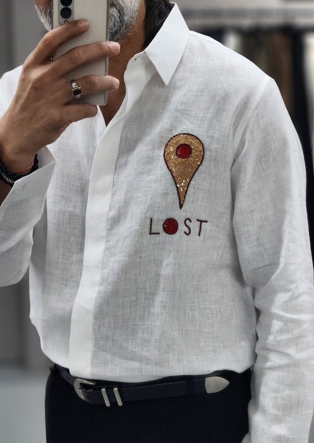 Pure White "LOST" Location Pin Embroidered Linen Shirt