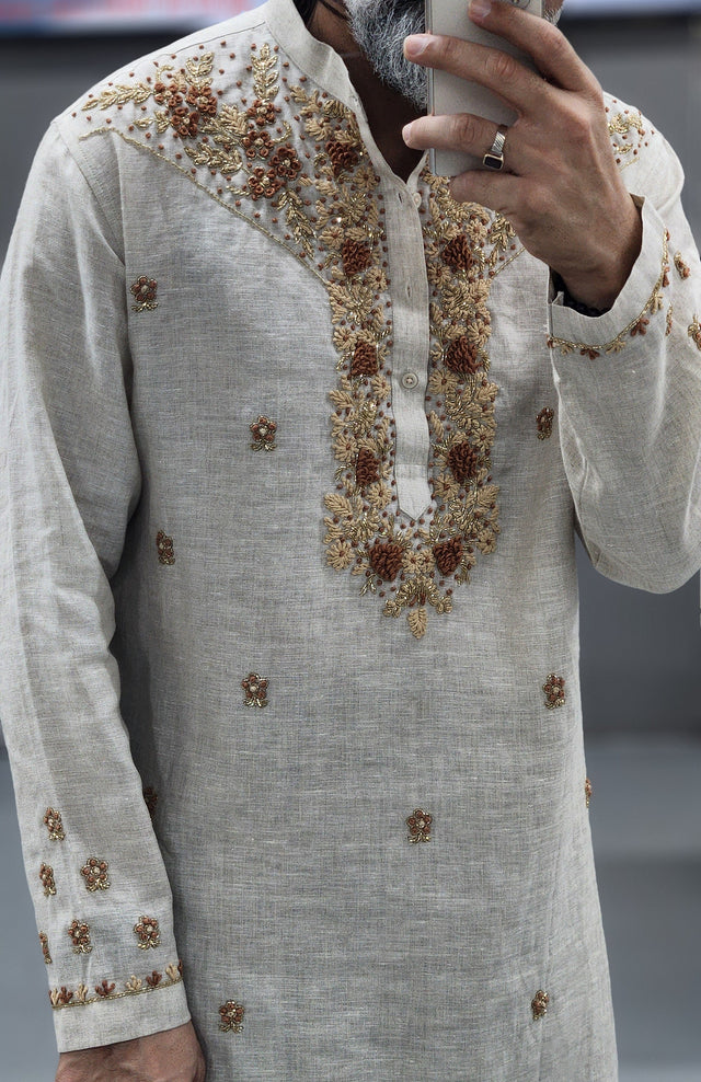 Natural Oatmeal Antique Gold & Bronze Floral Hand Khatli Pure Linen Kurta