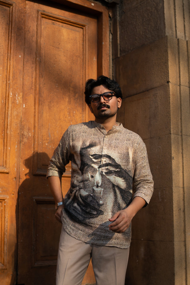 Eternal Flame Unisex Digital Print Pure Linen Kurta Style Shirt - AddysForMen®