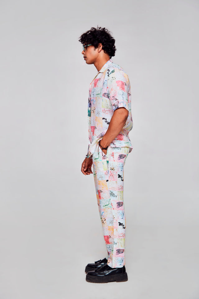 Chromatic Elegance Printed Pure Linen Cuban Coller Shirt