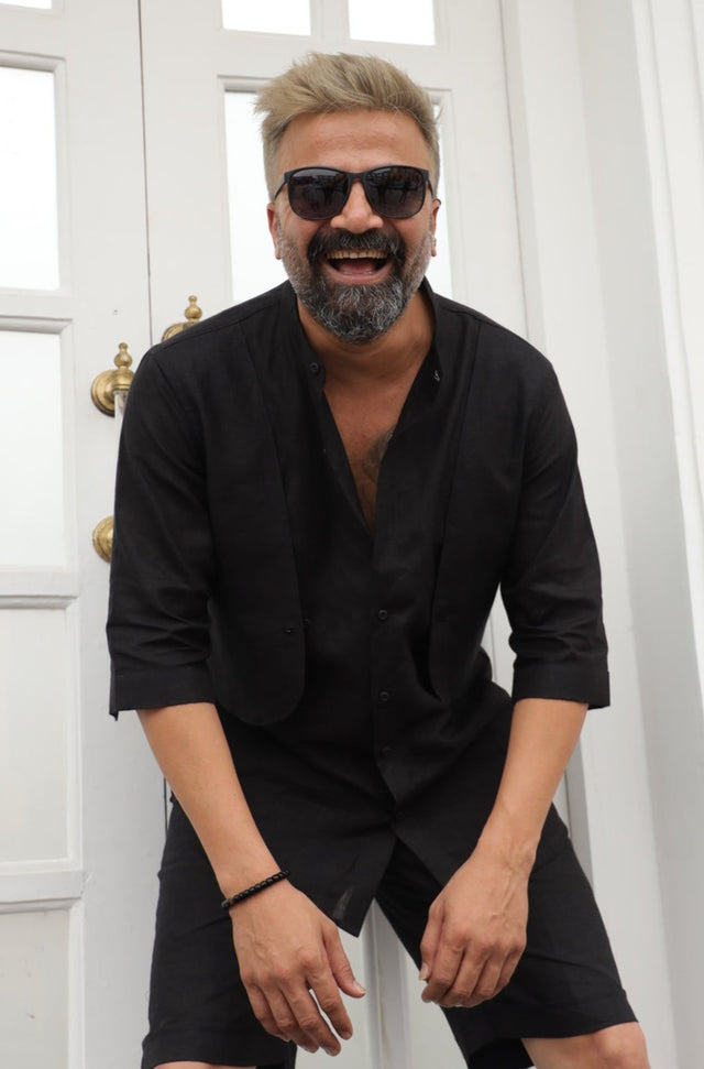 Solid Black (Pure Linen Kurta Style Shirt) - AddysForMen®️