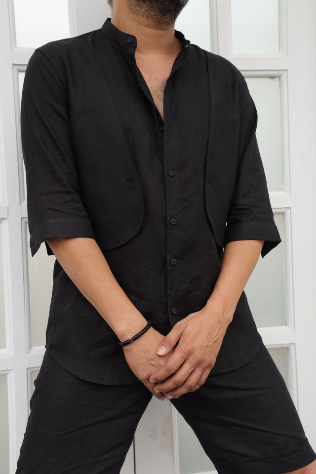 Solid Black (Pure Linen Kurta Style Shirt) - AddysForMen®️