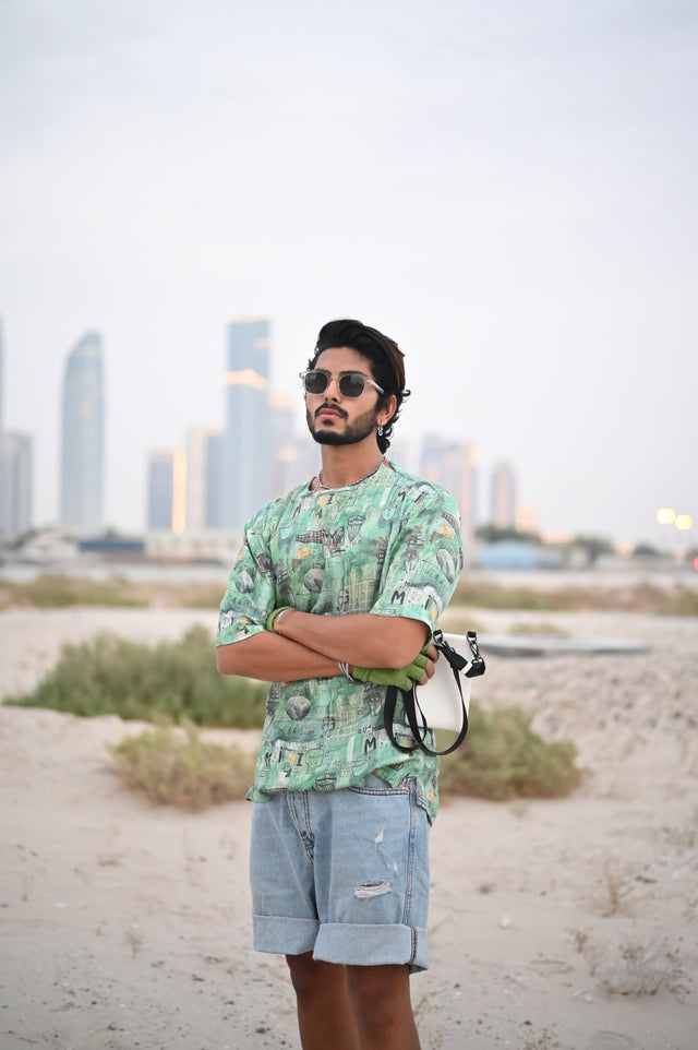 Green Rock (Pure Tencel Satin T-Shirt Style Shirt) - AddysForMen®️