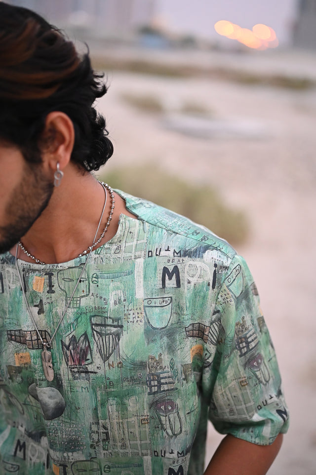 Green Rock (Pure Tencel Satin T-Shirt Style Shirt) - AddysForMen®️