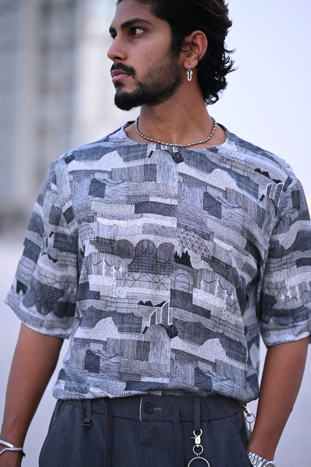Geometrical Gate (Pure Tencel Satin T-Shirt Style Shirt) - AddysForMen®️