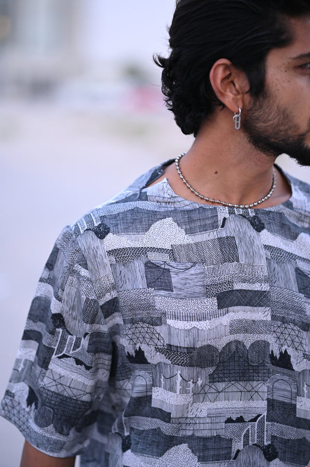 Geometrical Gate (Pure Tencel Satin T-Shirt Style Shirt) - AddysForMen®️