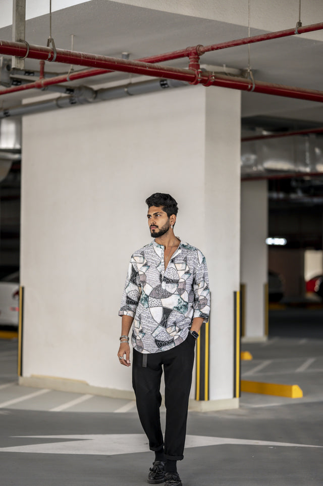 Geo Banal (Pure Linen Kurta Style Shirt) - AddysForMen®️