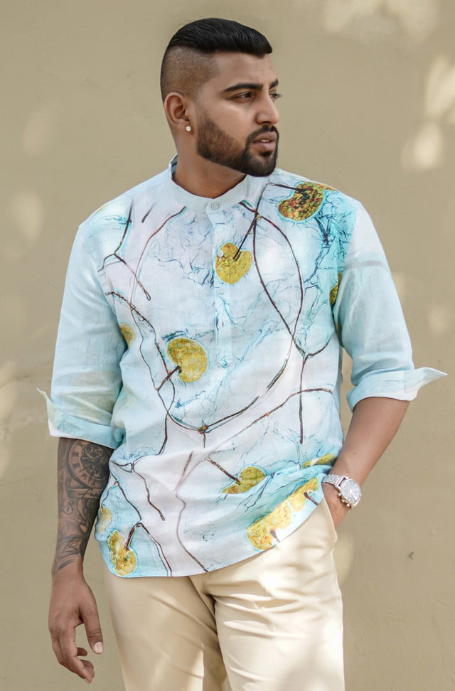 Blue Wash (Pure Linen Kurta Style Shirt) - AddysForMen®️