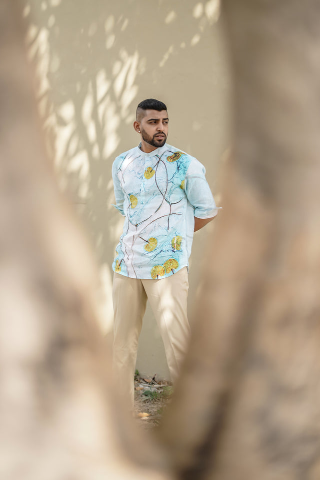 Blue Wash (Pure Linen Kurta Style Shirt) - AddysForMen®️