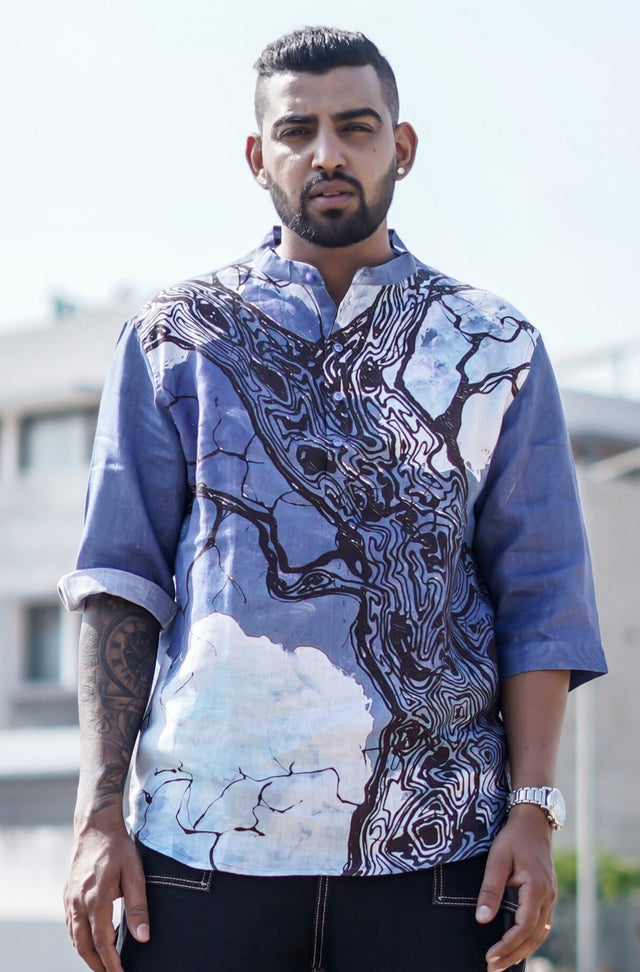 Murky Blue (Pure Linen Kurta Style Shirt) - AddysForMen®️