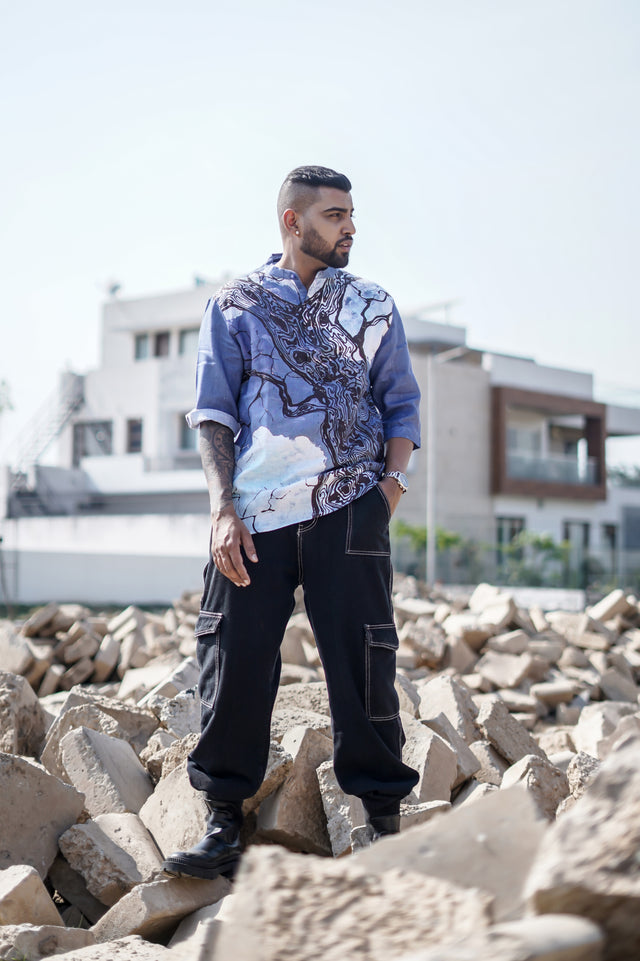 Murky Blue (Pure Linen Kurta Style Shirt) - AddysForMen®️