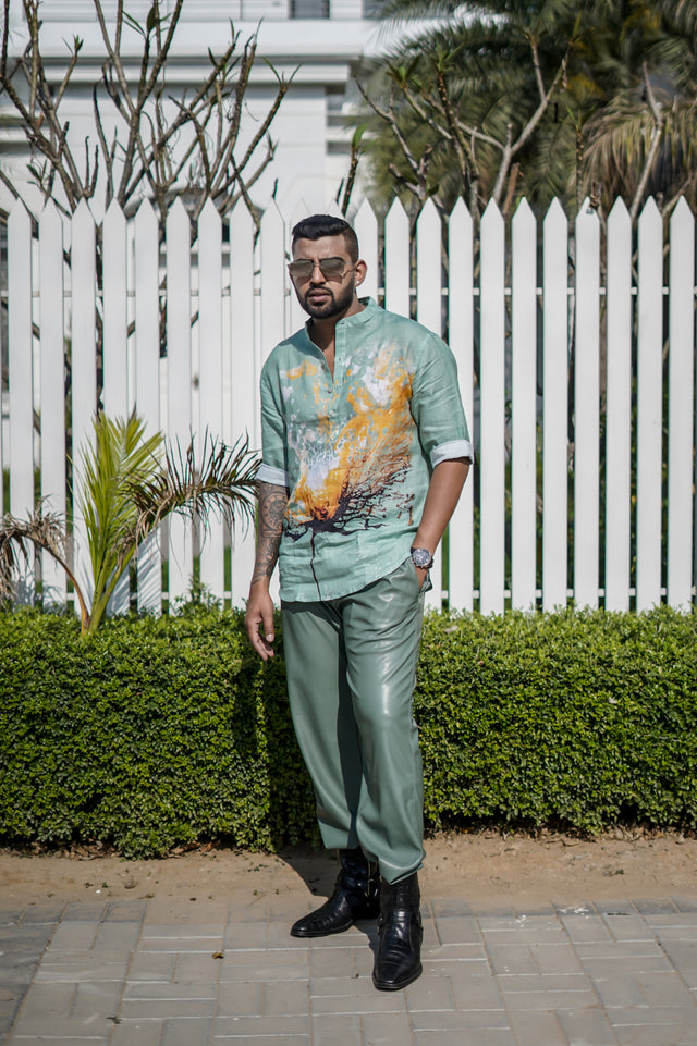 Splash Contrast (Pure Linen Kurta Style Shirt) - AddysForMen®️