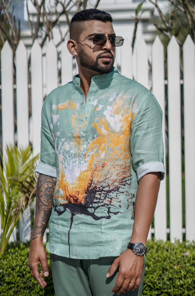 Splash Contrast (Pure Linen Kurta Style Shirt) - AddysForMen®️